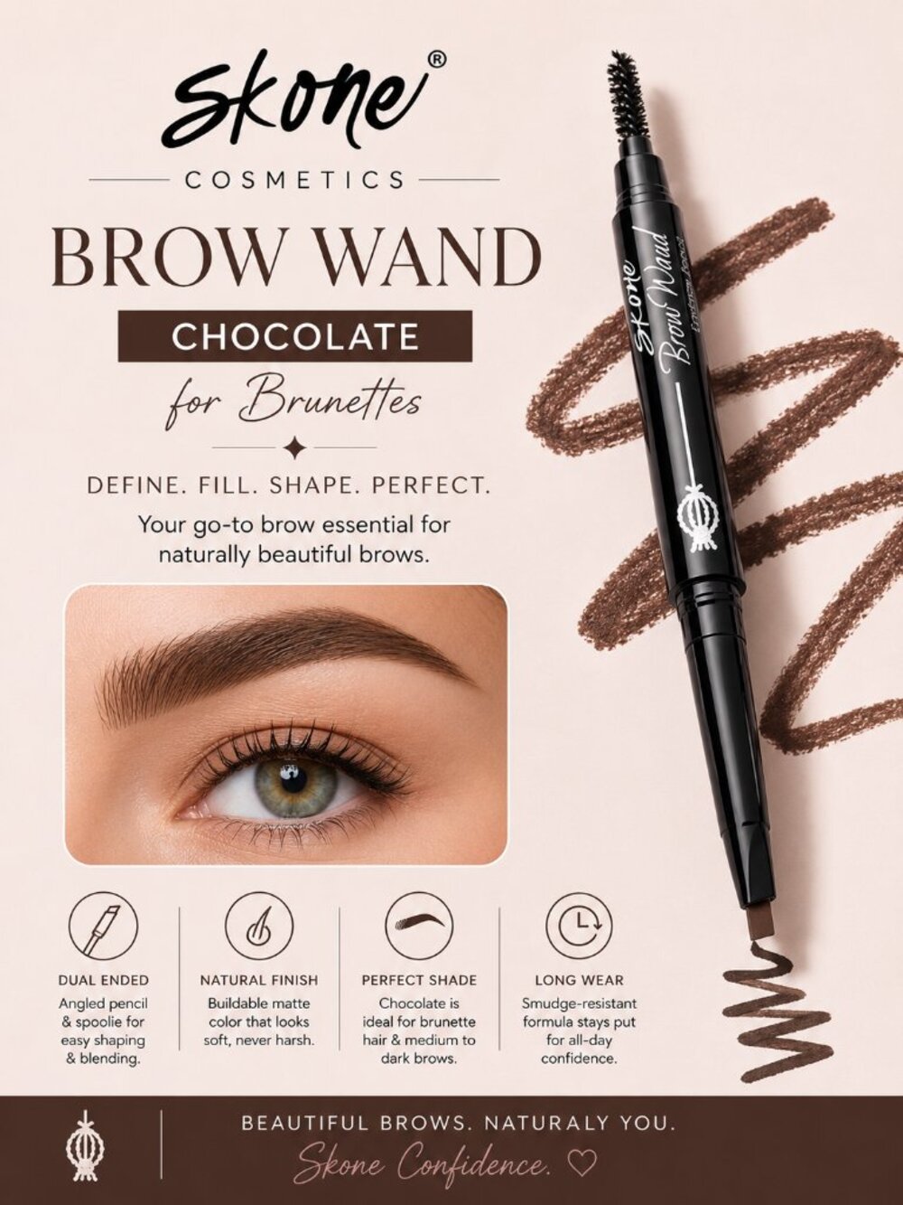 Skone Cosmetics Brow Wand Chocolate for Brunettes Dual End Brow Pencil & Spoolie